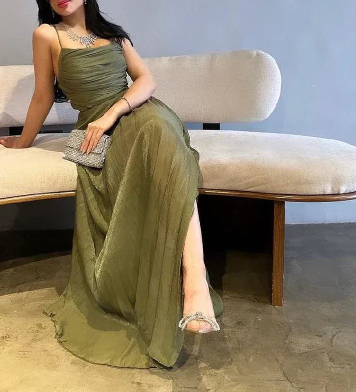 Elegant A-line Spaghetti Straps Ruched Sage Floor Length Prom Dress Hot Sale