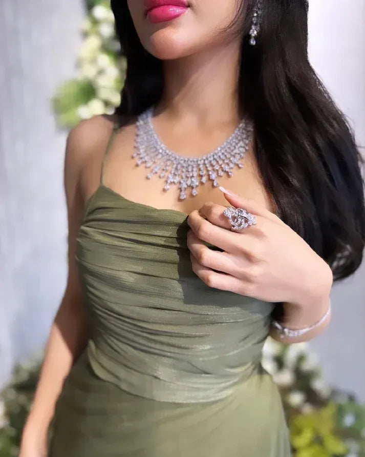 Elegant A-line Spaghetti Straps Ruched Sage Floor Length Prom Dress Hot Sale