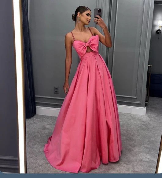 Elegant A-line Spaghetti Strap Bow Satin Pink Floor-Length Prom Dress