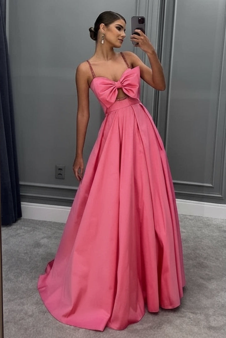 Elegant A-line Spaghetti Strap Bow Satin Pink Floor-Length Prom Dress