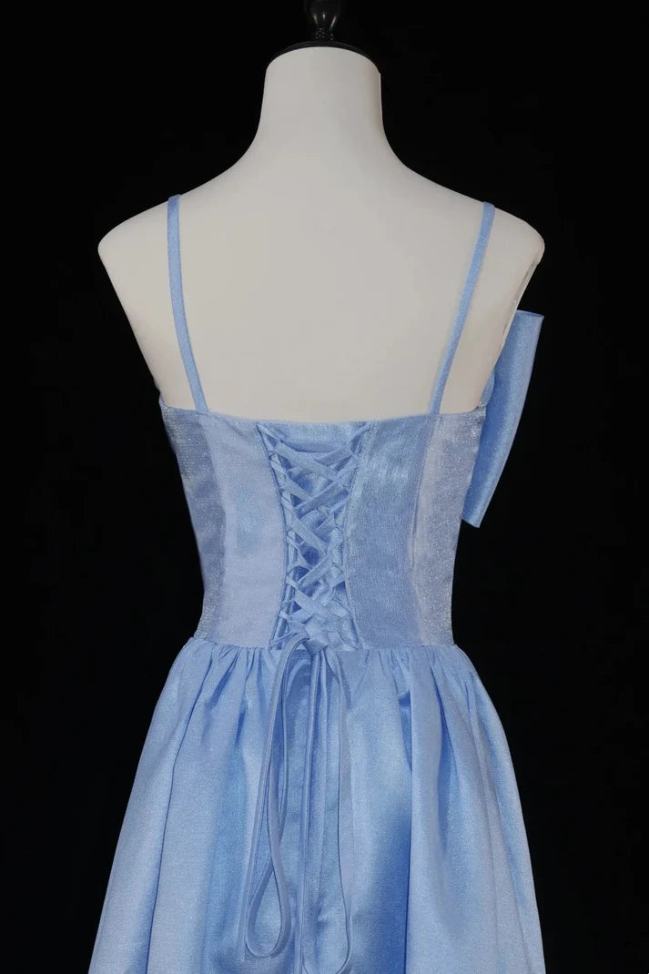 Elegant A-line Spaghetti Strap Prom Dress Satin Blue Long Party Dress