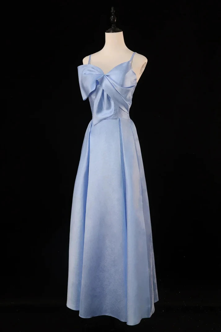 Elegant A-line Spaghetti Strap Prom Dress Satin Blue Long Party Dress