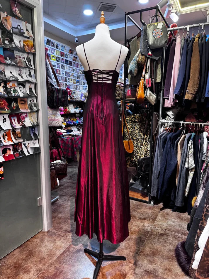 Elegant A-line Spaghetti Straps Flower Lace Up Satin Burgundy Long Party Dress