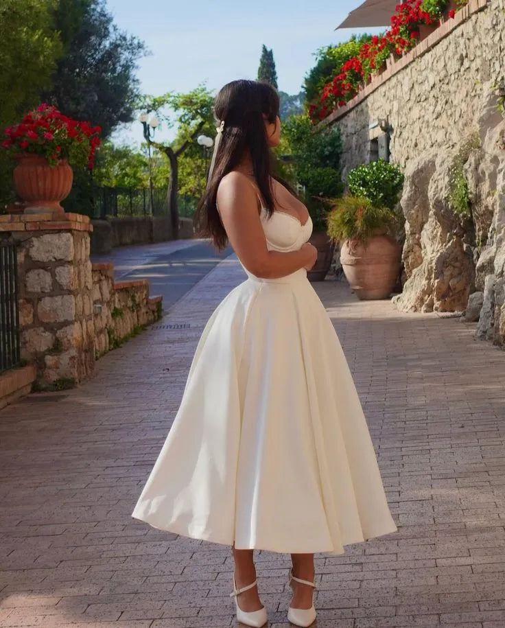 Elegant A-line Spaghetti Straps Sleeveless Satin Ankle-Length Prom Dress