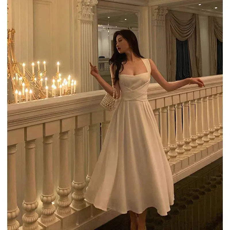 Elegant A-line Square-Neck Sleeveless Wrap-Accented White Midi Prom Dress for Women Custom