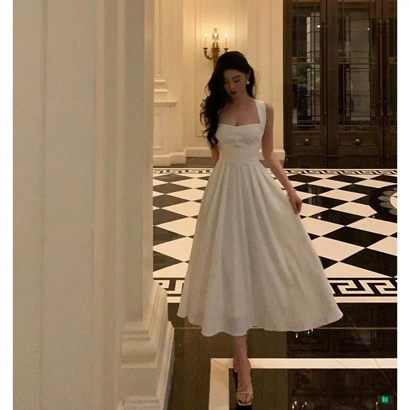 Elegant A-line Square-Neck Sleeveless Wrap-Accented White Midi Prom Dress for Women Custom