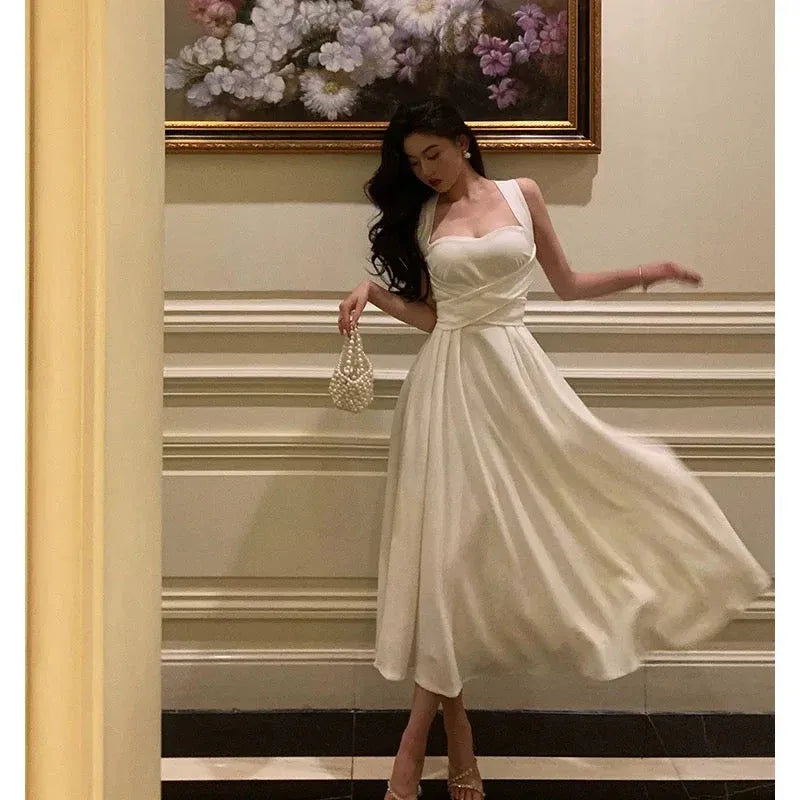 Elegant A-line Square-Neck Sleeveless Wrap-Accented White Midi Prom Dress for Women Custom