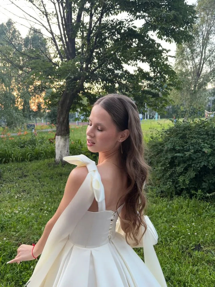 Elegant A-line Square Neck Bow Strap Lace-up Satin Ivory Mini Homecoming Dress