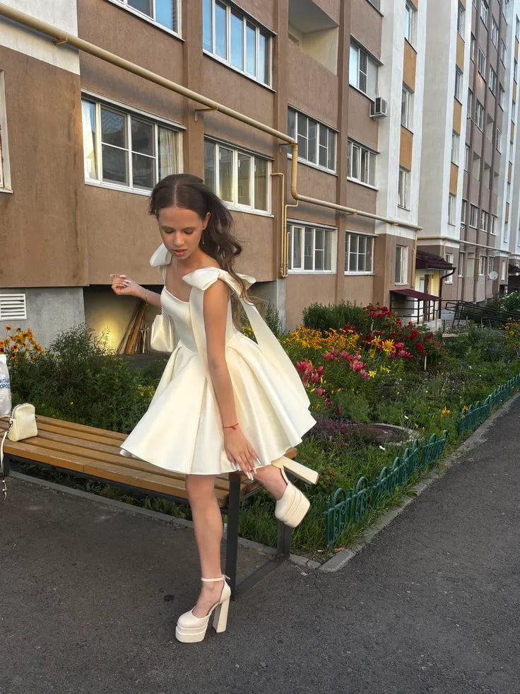 Elegant A-line Square Neck Bow Strap Lace-up Satin Ivory Mini Homecoming Dress
