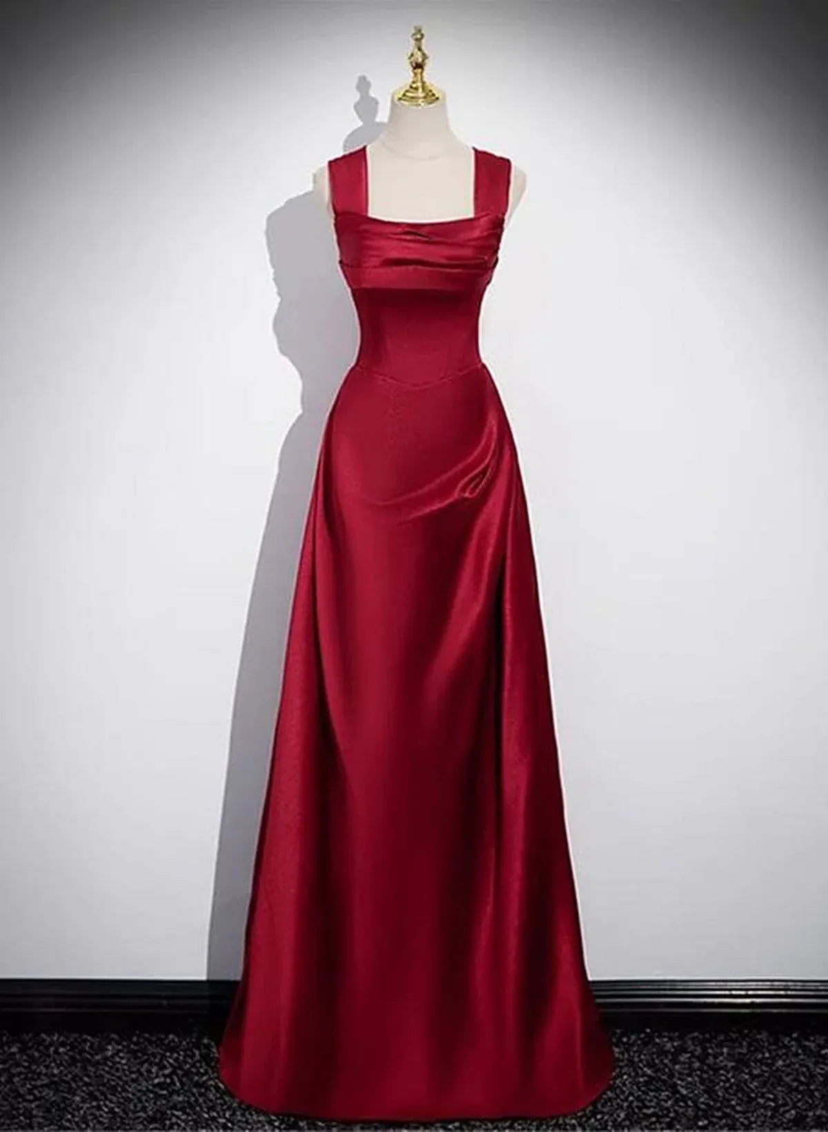 Elegant A-line Square Neck Sleeveless Satin Burgundy Maxi Prom Dress for Women Custom
