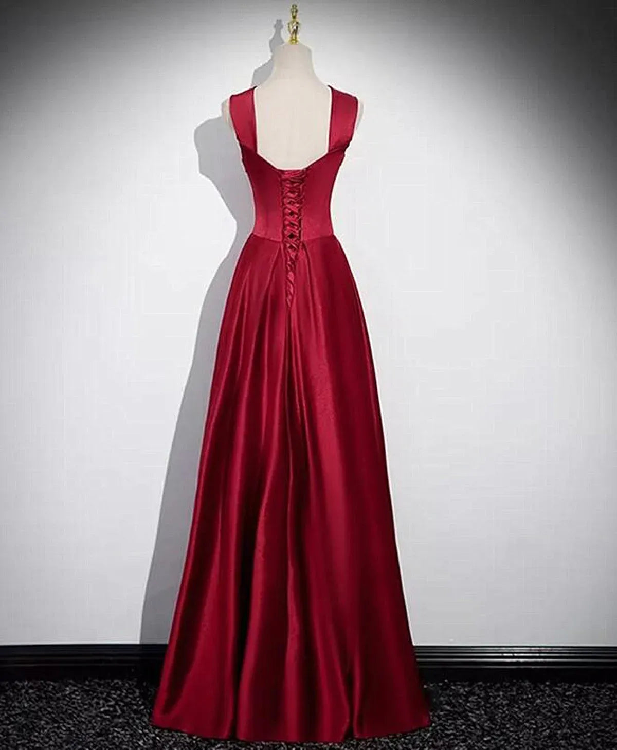 Elegant A-line Square Neck Sleeveless Satin Burgundy Maxi Prom Dress for Women Custom