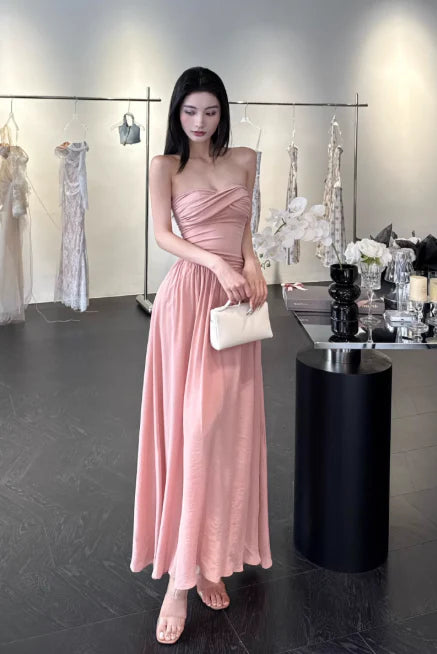 Elegant A-line Strapless Pleated Chiffon Dusty Pink Long Evening Dresses