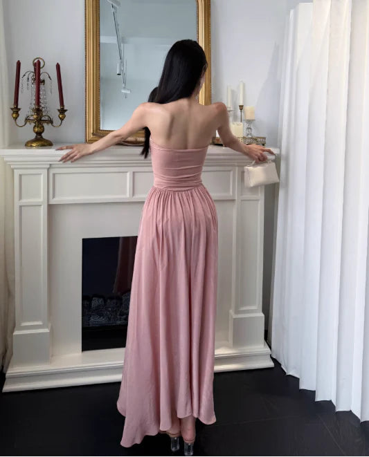 Elegant A-line Strapless Pleated Chiffon Dusty Pink Long Evening Dresses