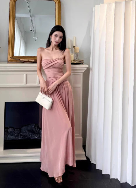 Elegant A-line Strapless Pleated Chiffon Dusty Pink Long Evening Dresses