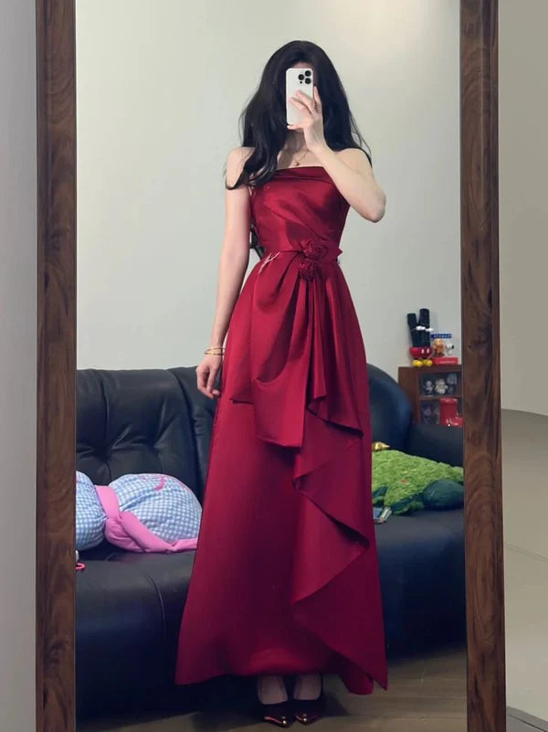 Elegant A-line Strapless Rose Satin Red Long Prom Dress Evening Dress
