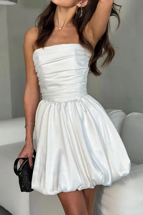 Elegant A-line Strapless Ruched Satin White Short Homecoming Dress With Bubble Hem