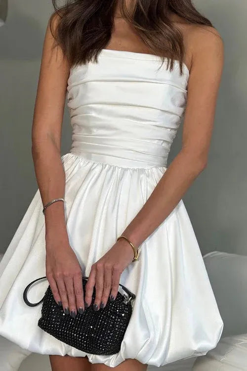 Elegant A-line Strapless Ruched Satin White Short Homecoming Dress With Bubble Hem