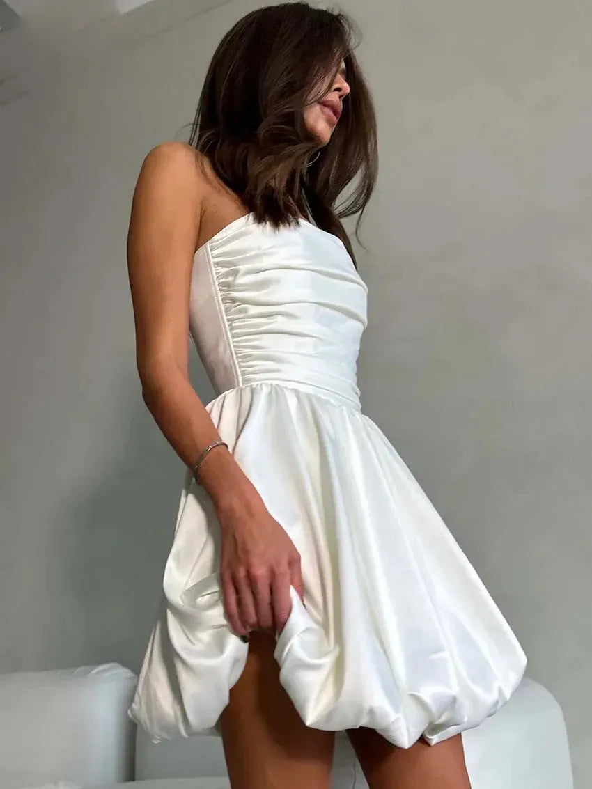 Elegant A-line Strapless Ruched Satin White Short Homecoming Dress With Bubble Hem