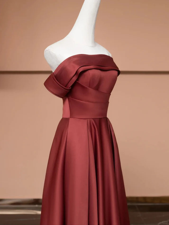 Elegant A-line Strapless Satin Brown Red Long Prom Dress Party Dress