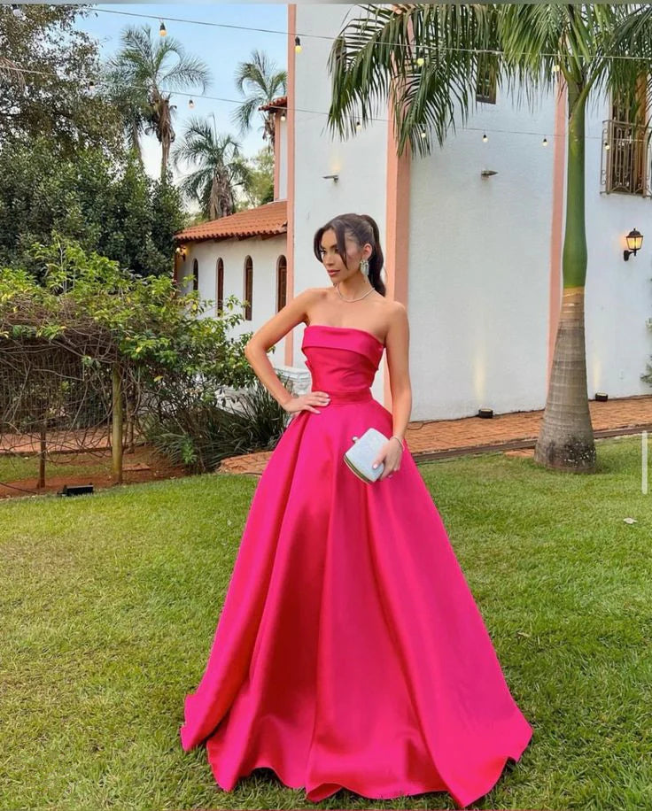Elegant A-line Strapless Satin Hot Pink Floor Length Prom Dress Evening Dress