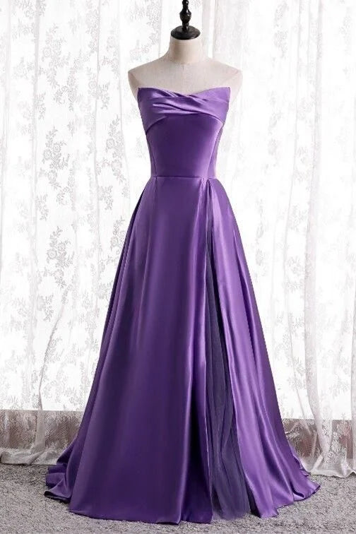 Elegant A-line Strapless Satin Purple Long Prom Dress Evening Dress