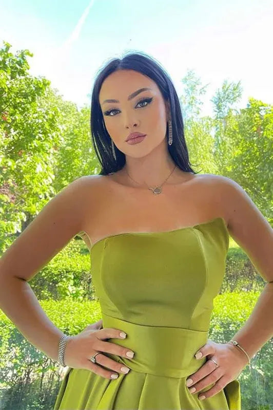 Elegant A-line Strapless Satin Slit Olive Green Maxi Prom Dress