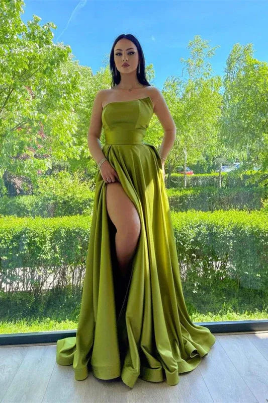 Elegant A-line Strapless Satin Slit Olive Green Maxi Prom Dress