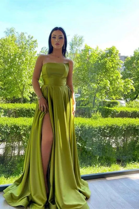 Elegant A-line Strapless Satin Slit Olive Green Maxi Prom Dress