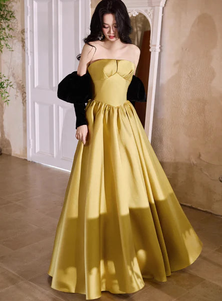 Elegant A-line Strapless Satin Yellow Long Prom Dress Evening Dress