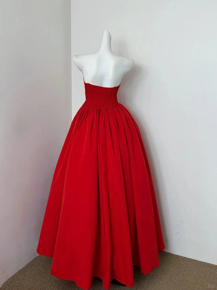 Elegant A-line Strapless Sleeveless Satin Red Long Party Dress Custom