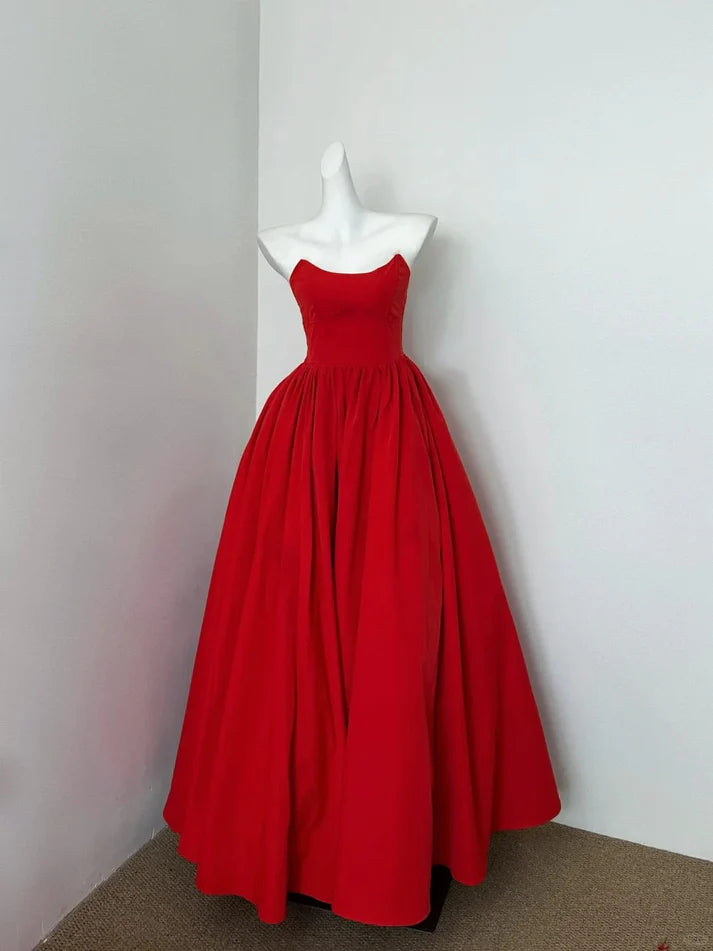 Elegant A-line Strapless Sleeveless Satin Red Long Party Dress Custom