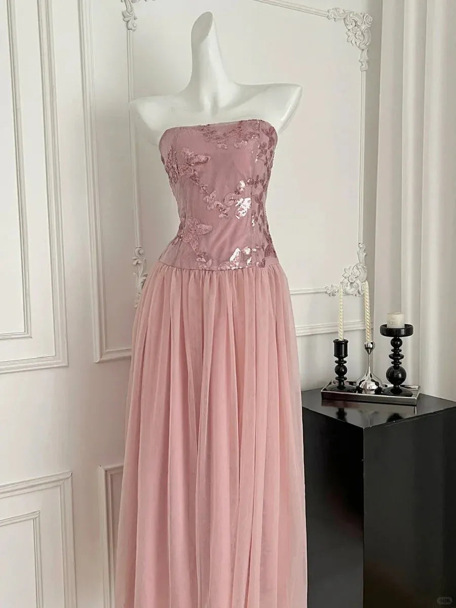 Elegant A-line Strapless Sleeveless Sequin Lace Dusty Rose Maxi Prom Dress for Women Ready to Ship