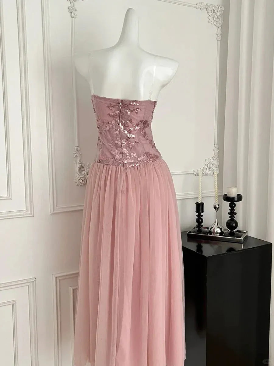 Elegant A-line Strapless Sleeveless Sequin Lace Dusty Rose Maxi Prom Dress for Women Ready to Ship