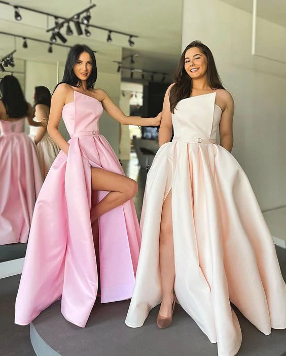 Elegant A-line Strapless Slit Satin Pink Floor Length Prom Dress With Belt