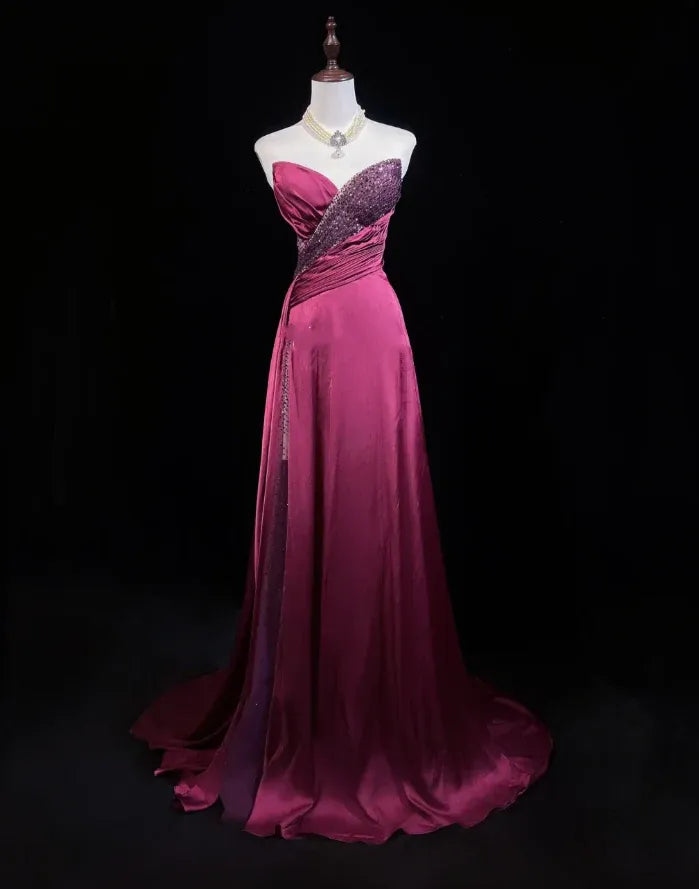 Elegant A-line Sweetheart Neck Strapless Beaded Burgundy Maxi Prom Dress for Women Ready to Ship