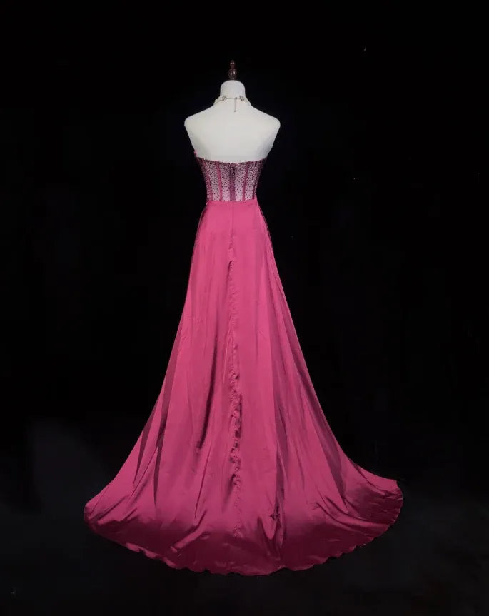 Elegant A-line Sweetheart Neck Strapless Beaded Burgundy Maxi Prom Dress for Women Ready to Ship