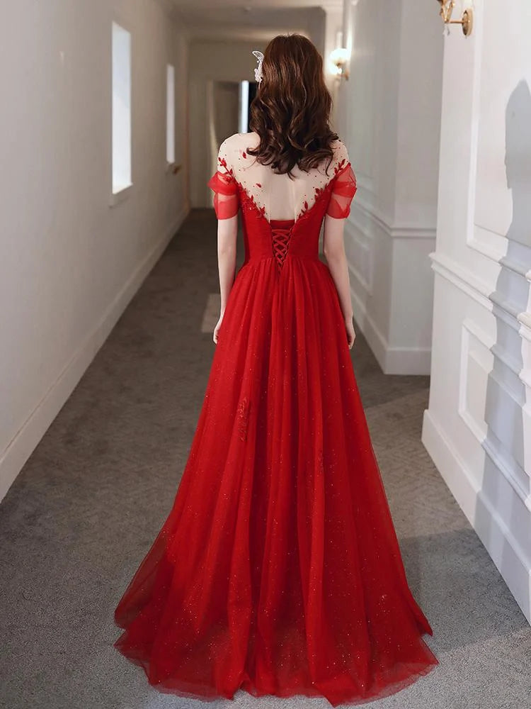 Elegant A-line Sweetheart Sheer Tulle Red Long Prom Dress With Applique