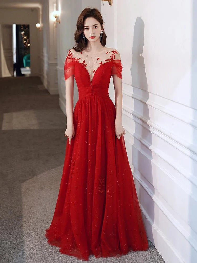 Elegant A-line Sweetheart Sheer Tulle Red Long Prom Dress With Applique