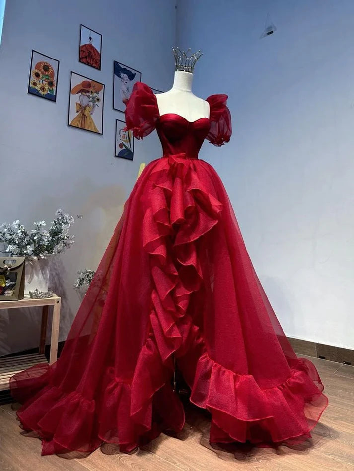 Elegant A-line Sweetheart Short Sleeve Ruffle Tulle Red Long Party Dress
