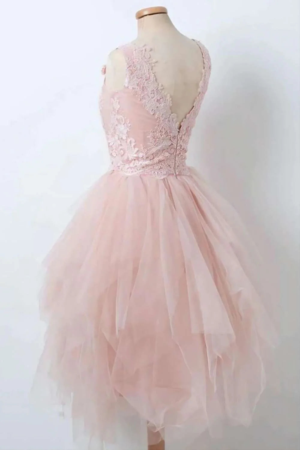 Elegant A-line Tulle Floral Lace Pink Homecoming Dress With Asymmetrical Hem