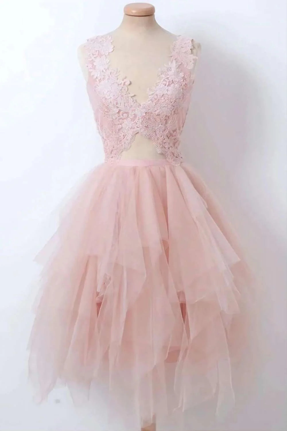 Elegant A-line Tulle Floral Lace Pink Homecoming Dress With Asymmetrical Hem
