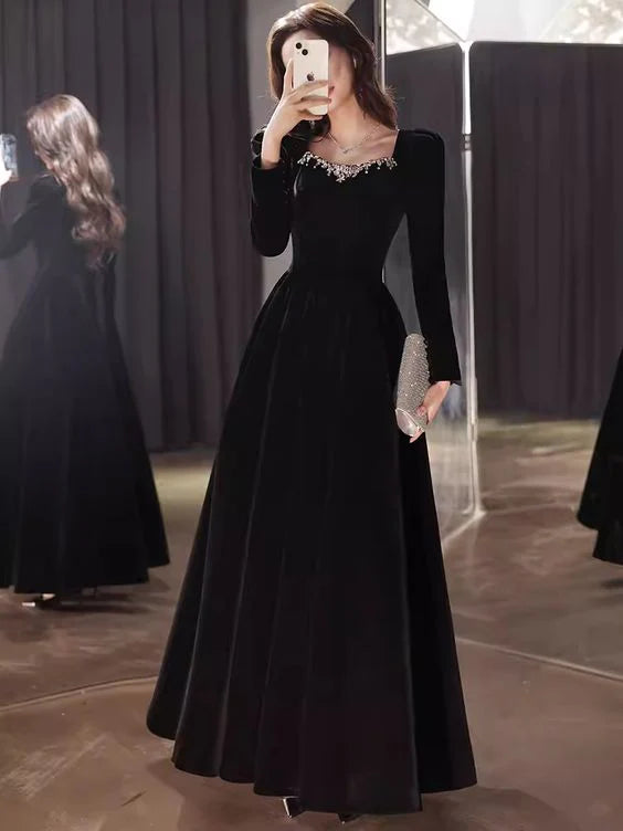 Elegant A-line U Neck Long Sleeves Beaded Velvet Black Long Prom Dress