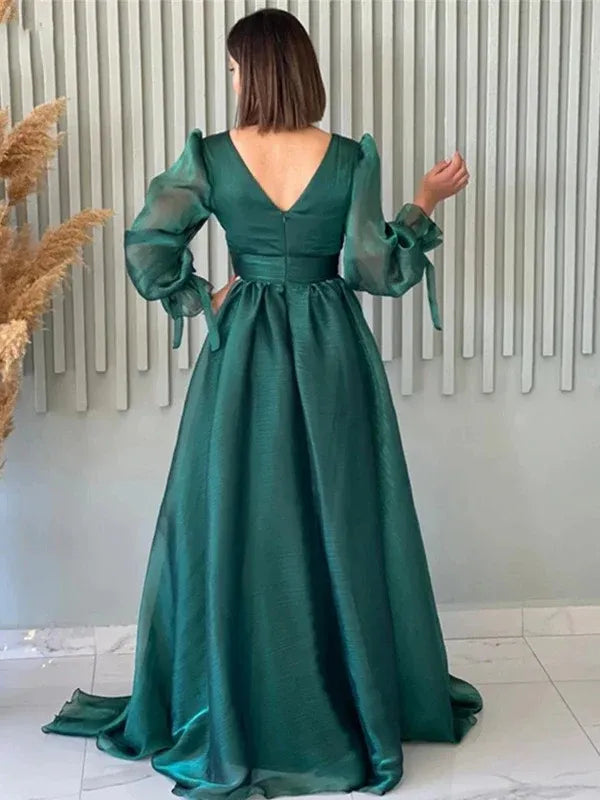 Elegant A-line V-Neck Sheer-Sleeve Draped Emerald Maxi Prom Dress for Women for sale