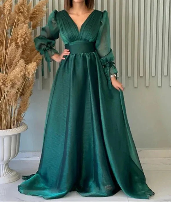 Elegant A-line V-Neck Sheer-Sleeve Draped Emerald Maxi Prom Dress for Women for sale