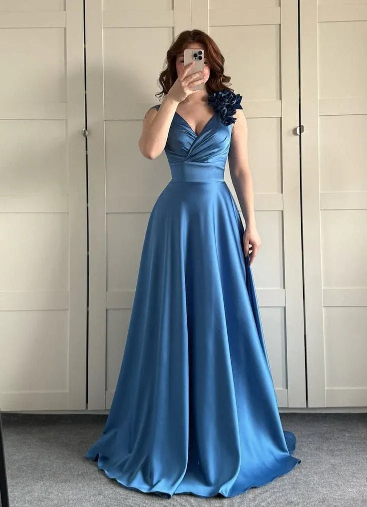 Elegant A-line V-Neck Sleeveless Floral-Accented Sky Blue Maxi Prom Dress for Women for sale