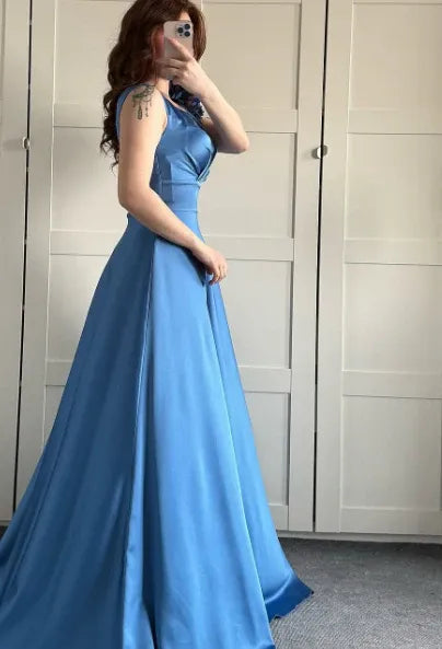 Elegant A-line V-Neck Sleeveless Floral-Accented Sky Blue Maxi Prom Dress for Women for sale