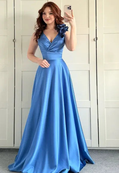 Elegant A-line V-Neck Sleeveless Floral-Accented Sky Blue Maxi Prom Dress for Women for sale