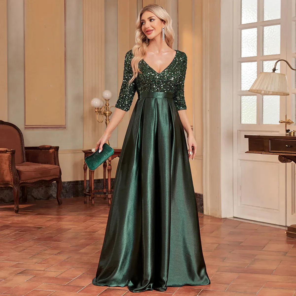 Elegant A-line V-neck 3/4-sleeve Sequin Emerald Green Maxi Prom Dress With Pocket Ready to Ship