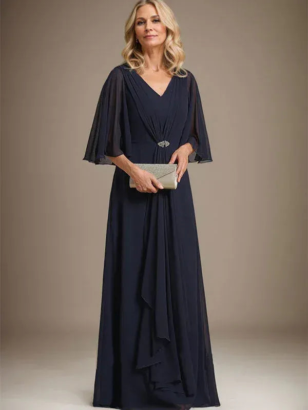Elegant A-line V-neck Chiffon Capelet Navy Floor-length Mother of the Bride Dress for Women Ready to Ship
