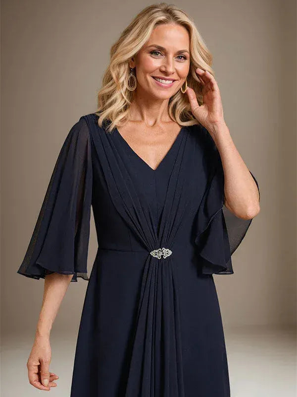 Elegant A-line V-neck Chiffon Capelet Navy Floor-length Mother of the Bride Dress for Women Ready to Ship